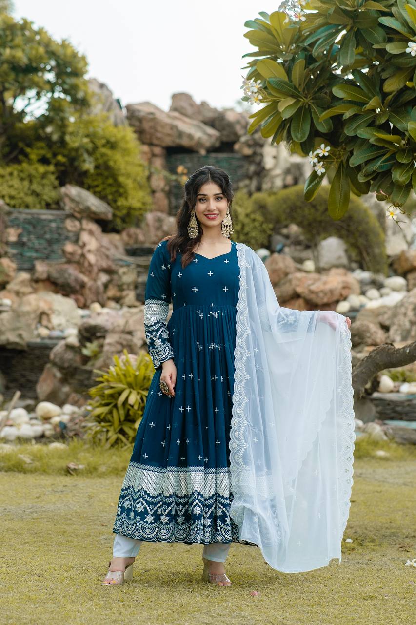 Teeya Creation Dark Teal Color Georgette Heavy Embroidery And Sequence Work Anarkali With Pants And Dupatta