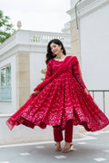 Teeya Creation Maroon Color Georgette Heavy Embroidery And Sequence Work Anarkali With Pants And Dupatta