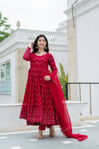 Teeya Creation Maroon Color Georgette Heavy Embroidery And Sequence Work Anarkali With Pants And Dupatta