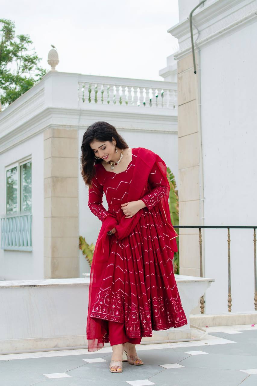 Teeya Creation Maroon Color Georgette Heavy Embroidery And Sequence Work Anarkali With Pants And Dupatta