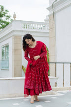 Teeya Creation Maroon Color Georgette Heavy Embroidery And Sequence Work Anarkali With Pants And Dupatta
