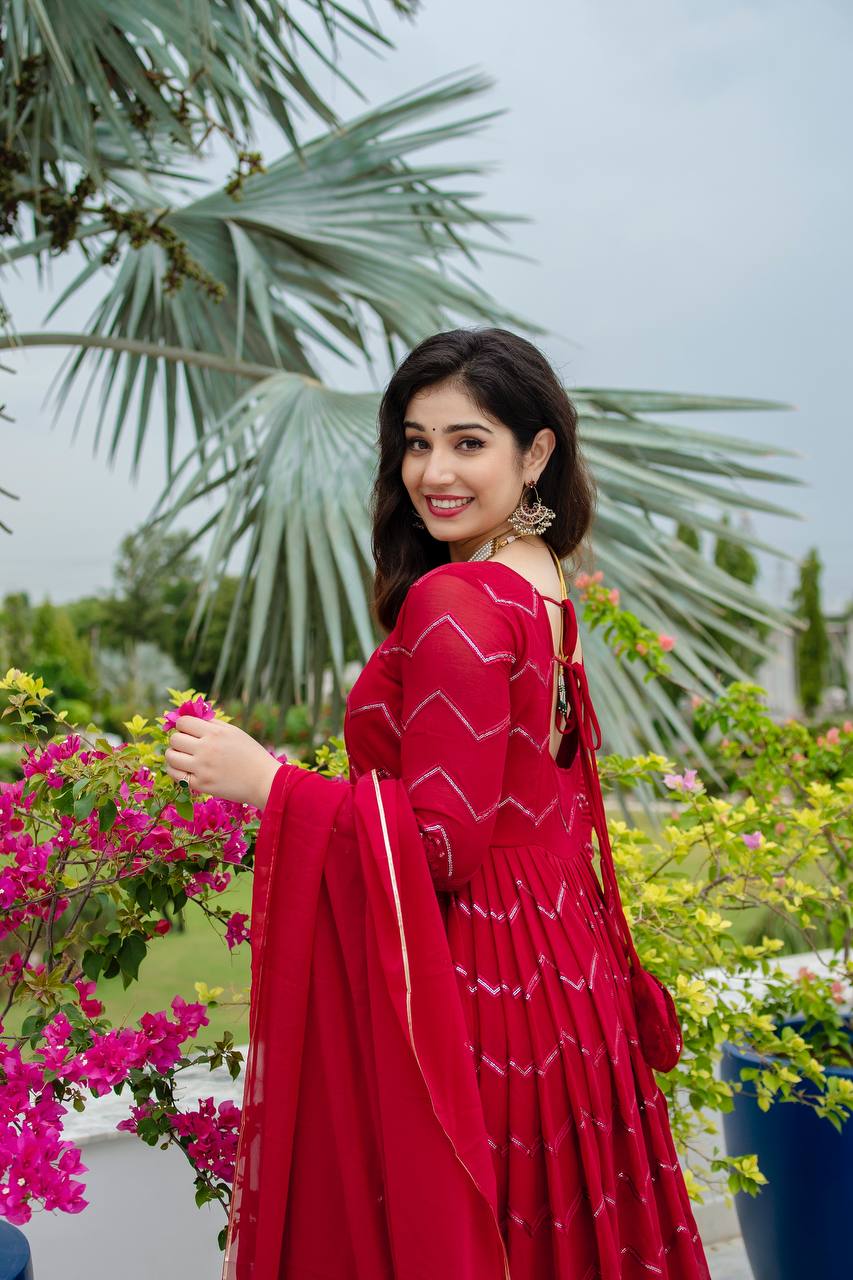 Teeya Creation Maroon Color Georgette Heavy Embroidery And Sequence Work Anarkali With Pants And Dupatta
