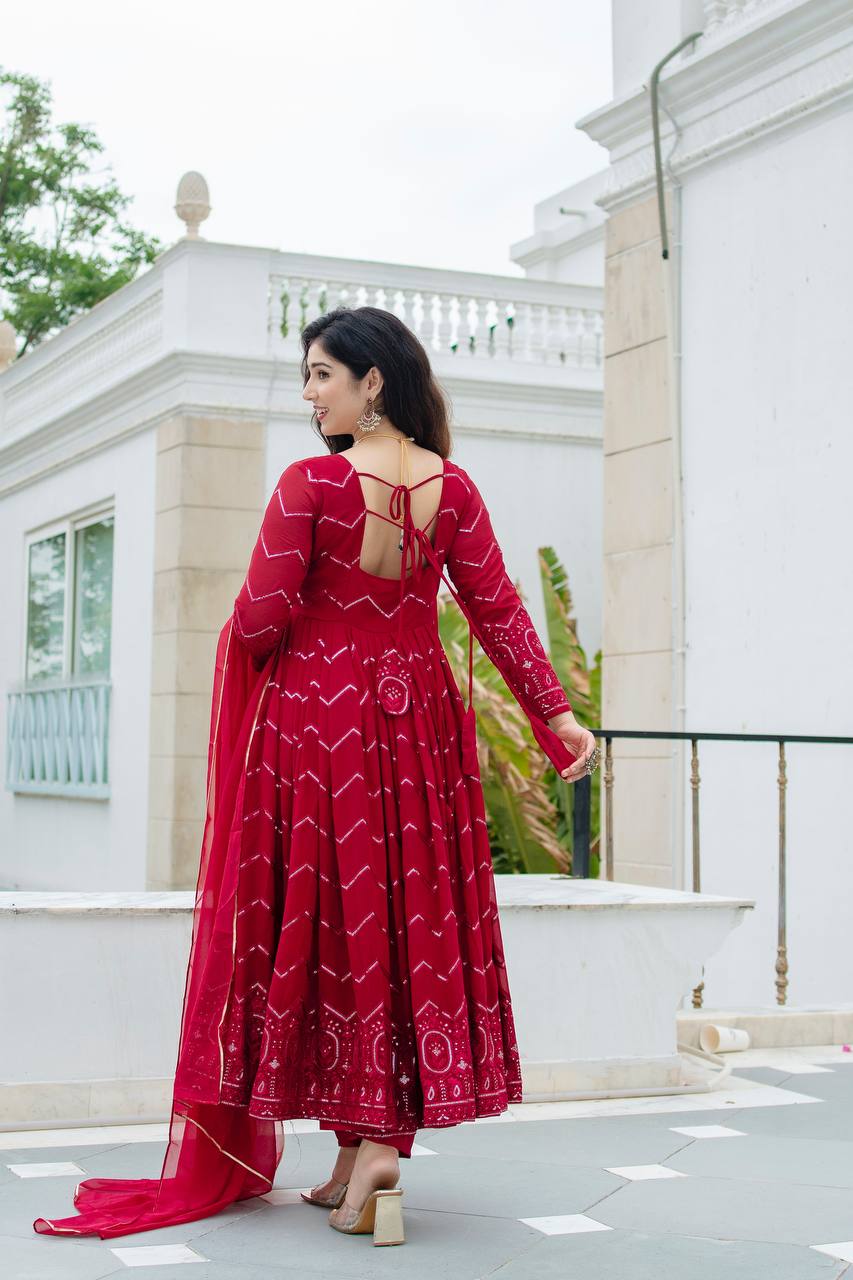 Teeya Creation Maroon Color Georgette Heavy Embroidery And Sequence Work Anarkali With Pants And Dupatta