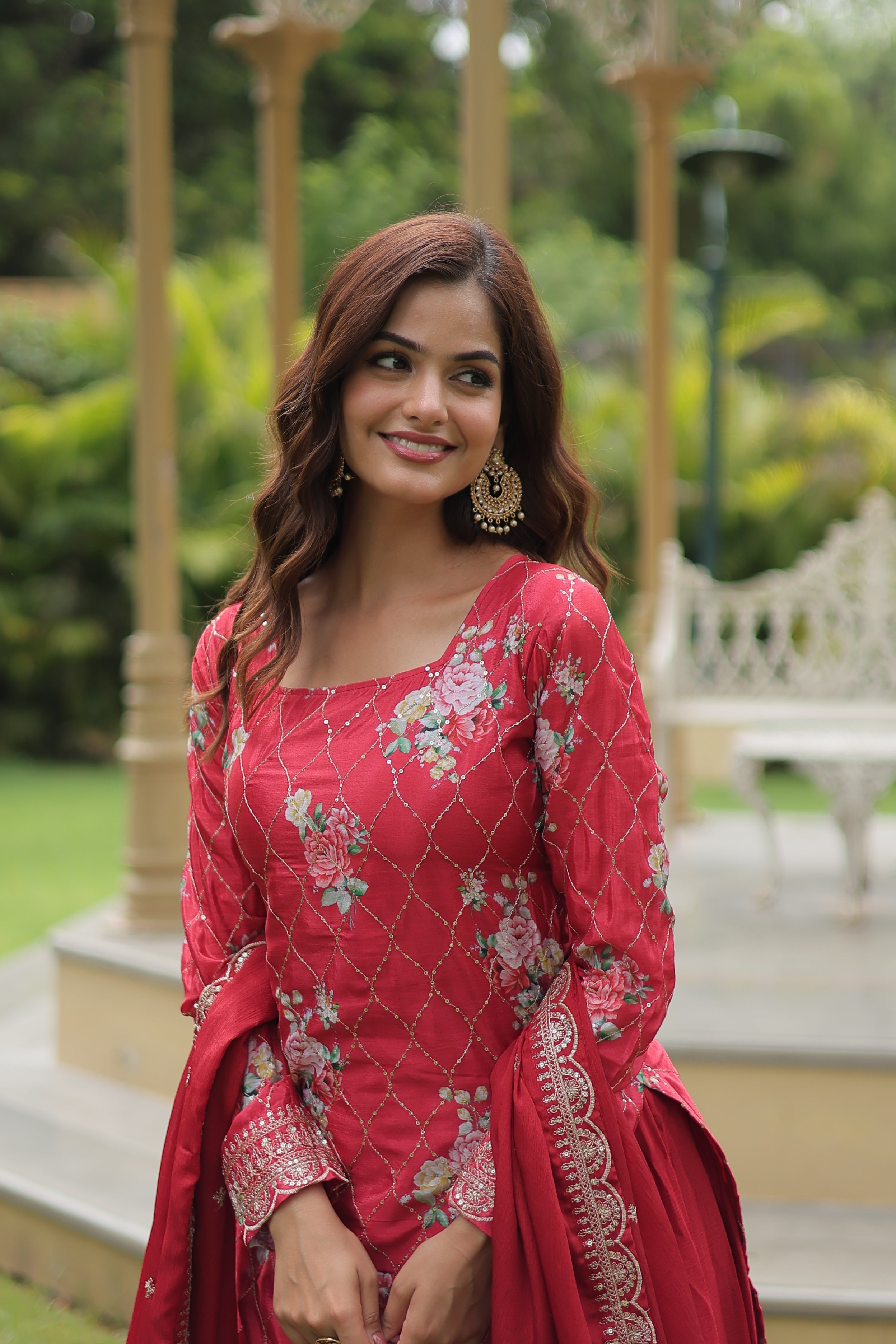 Teeya Creation Maroon Color Chinon Silk Digital Print With Embroidery Work Fully Stitched Plazo Pair - Distacart