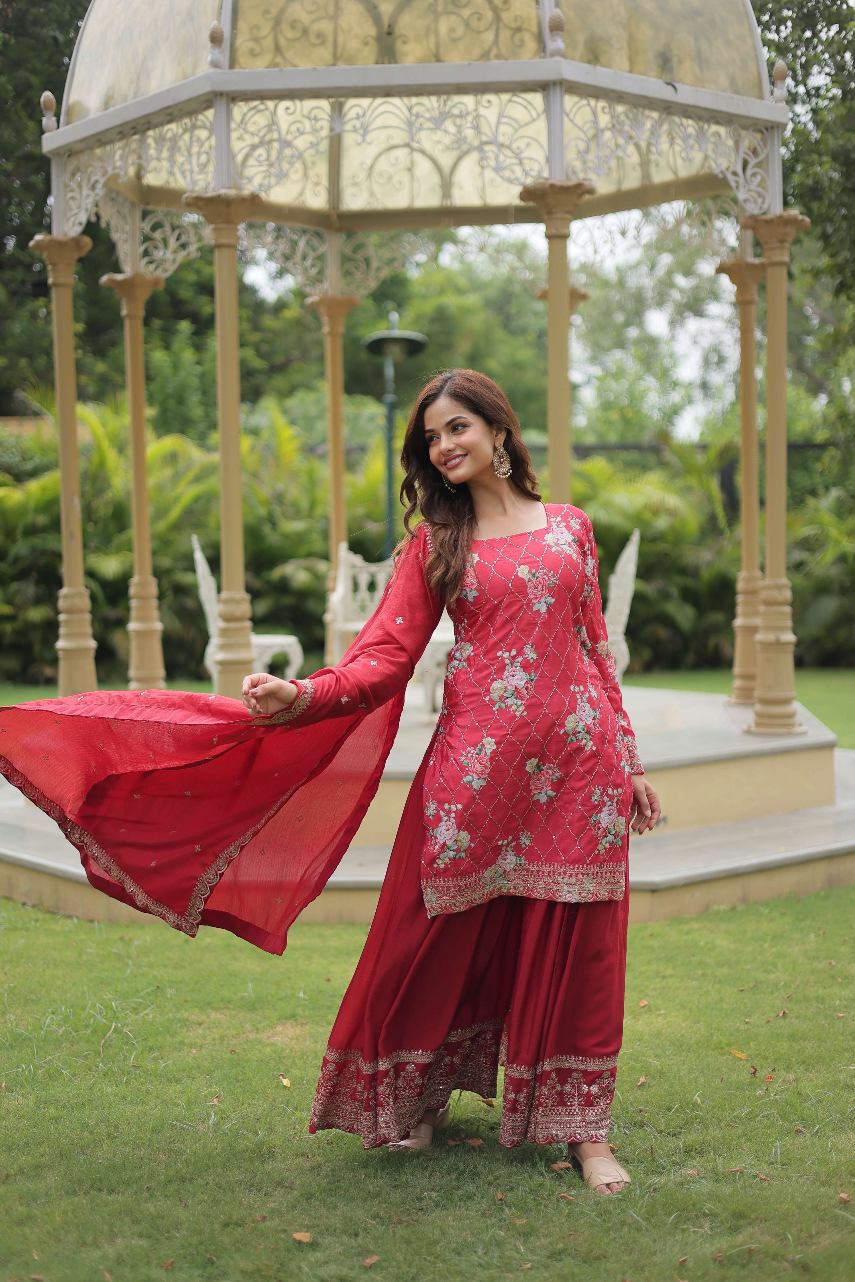 Teeya Creation Maroon Color Chinon Silk Digital Print With Embroidery Work Fully Stitched Plazo Pair - Distacart