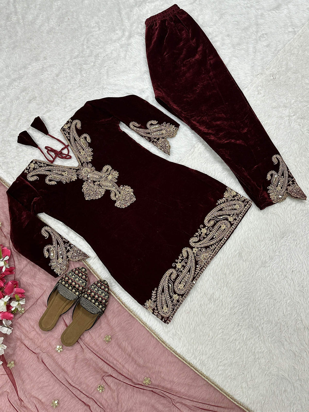 Vastranavya Wine Viscose Velvet Cording Sequence Embroidery Work Suit-Bottom With Dupatta - Distacart