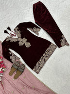 Vastranavya Wine Viscose Velvet Cording Sequence Embroidery Work Suit-Bottom With Dupatta - Distacart