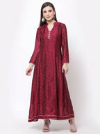 Myshka Women's Wine Georgette Printed 3/4 Sleeve Mandarin Neck Casual Anarkali Kurta Dupatta Set