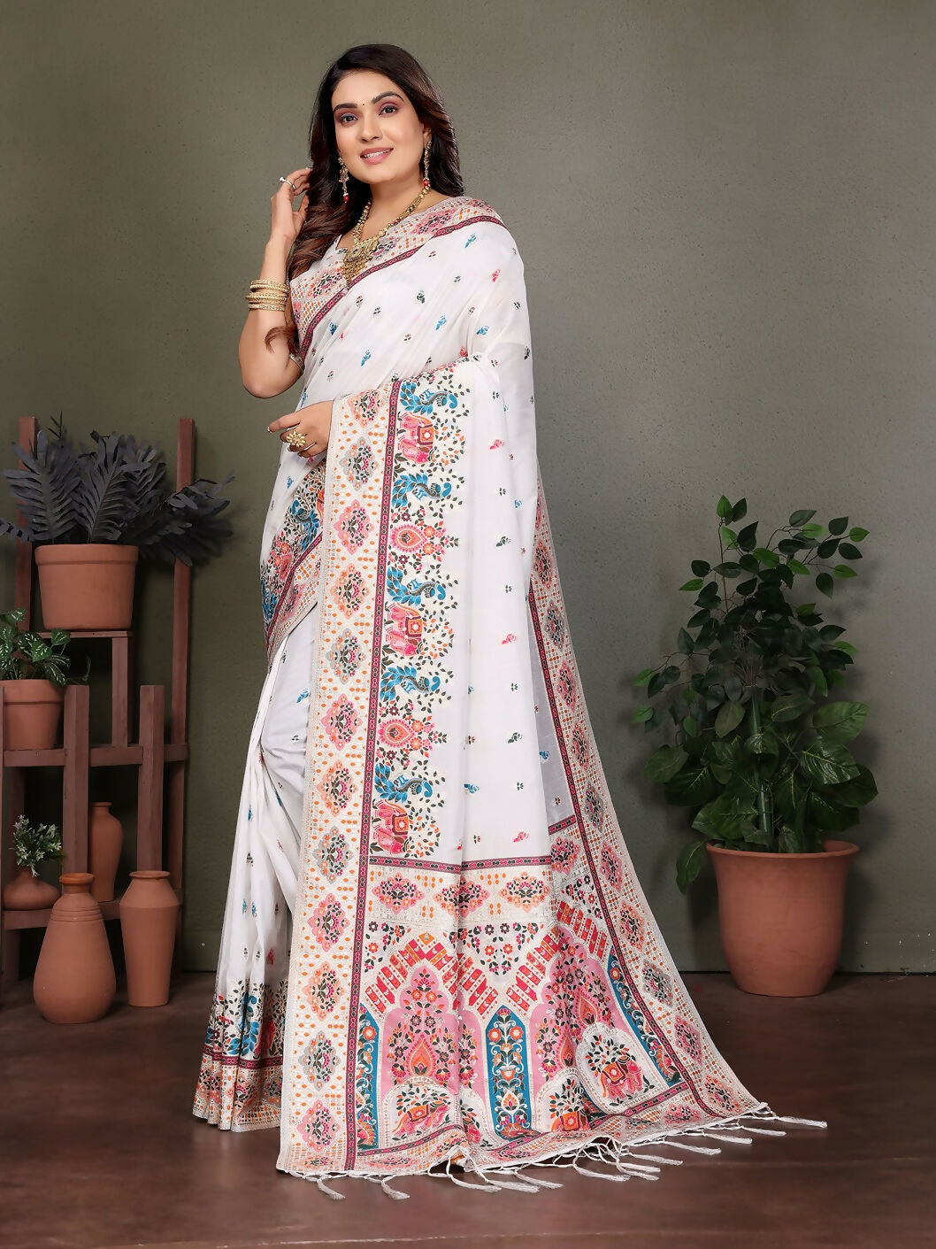 Joban Fashion White Thread Woven Pashmina Sarees