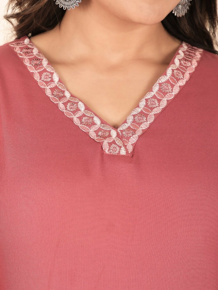 Aramya Pink Rayon Solid Print Straight Kurta Palazzo Set for Women