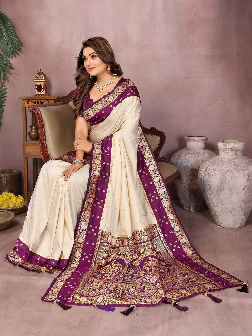 Aastha Fashion Cream Kalamkari Silk Zari Woven Saree - Distacart