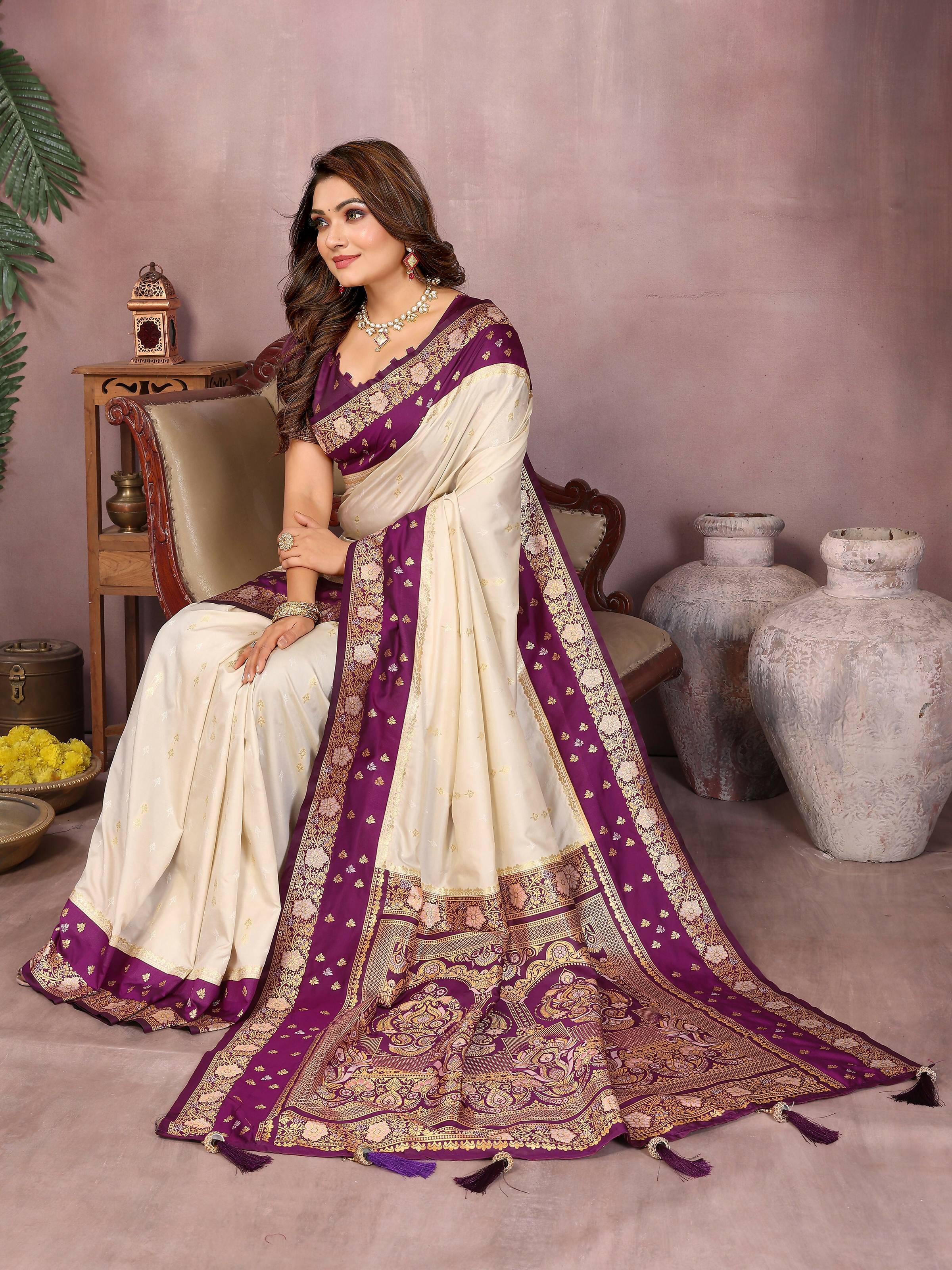 Aastha Fashion Cream Kalamkari Silk Zari Woven Saree - Distacart