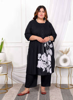Miravan Women's Plus Size Black Floral Printed Straight Kurta with Palazzo