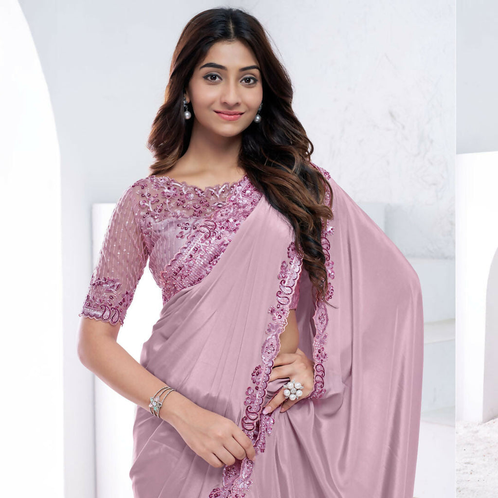 Mauve Pure Crepe Silk Sequence With Hand Work Saree With Unstitched Blouse - Norita Swaraa