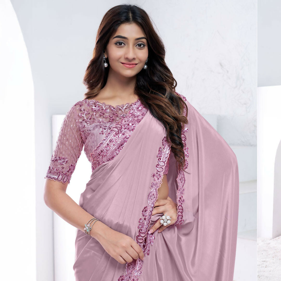 Mauve Pure Crepe Silk Sequence With Hand Work Saree With Unstitched Blouse - Norita Swaraa