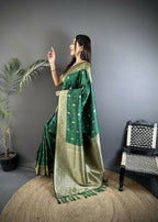 Joban Fashion Green Zari Weaving Motif Lichi Silk Banarasi Silk Saree - Distacart