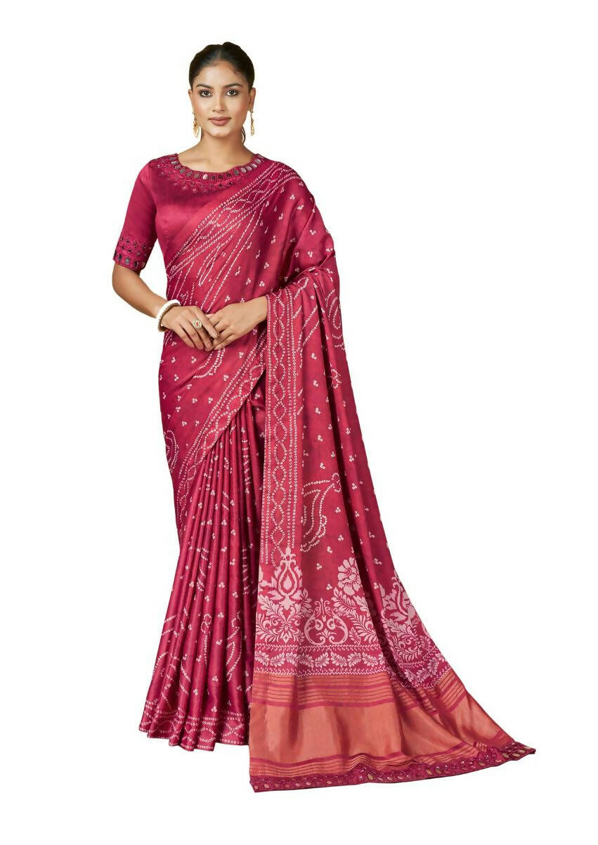 Pink Gajji Silk Bandhani Print with Mirror hand work Saree - Norita Nirvi