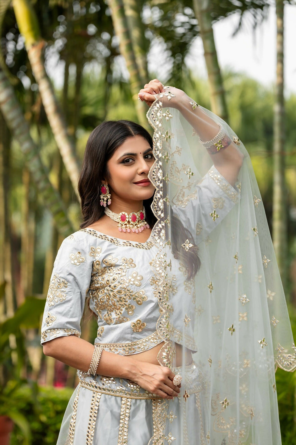 Eilara Glamorous Women'S Grey Zari With Paper Mirror Embroidered Net Fabric Lehenga Choli