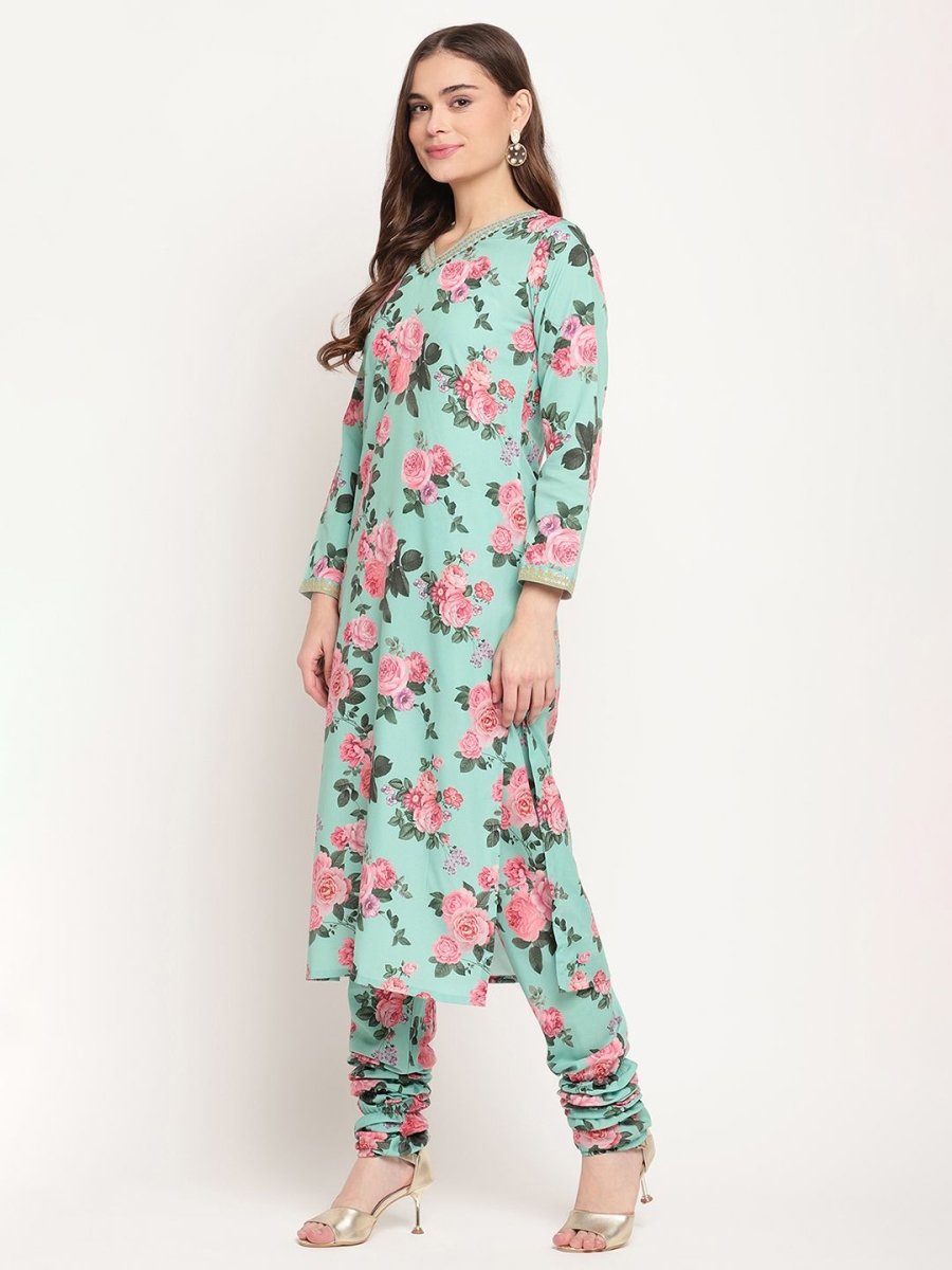 Ahalyaa Women Green Floral Printed Regular Kurta Churidar Set & With Dupatta