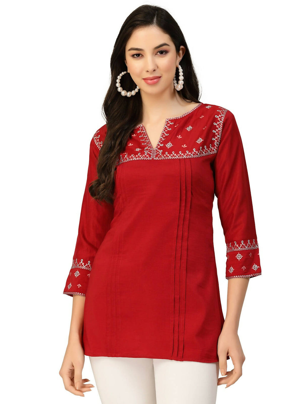 Red Chinon Floral Embroidered Top - Zeny