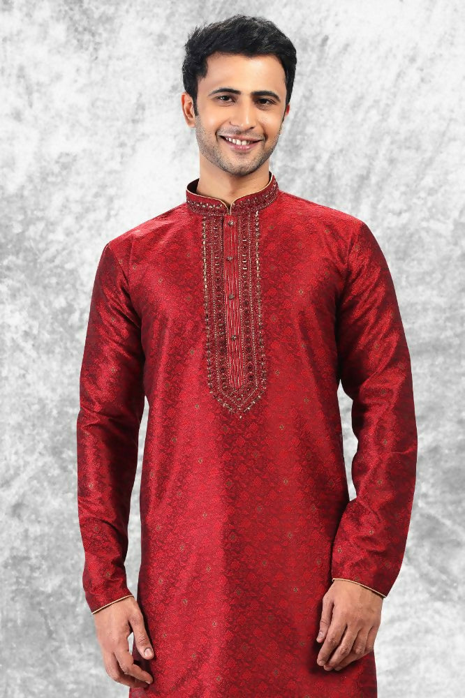 Raivat Ethnic Jacquard Silk Brocade Mirror and Thread Work Kurta Pajama In Maroon Colour
