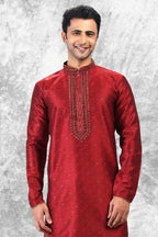 Raivat Ethnic Jacquard Silk Brocade Mirror and Thread Work Kurta Pajama In Maroon Colour