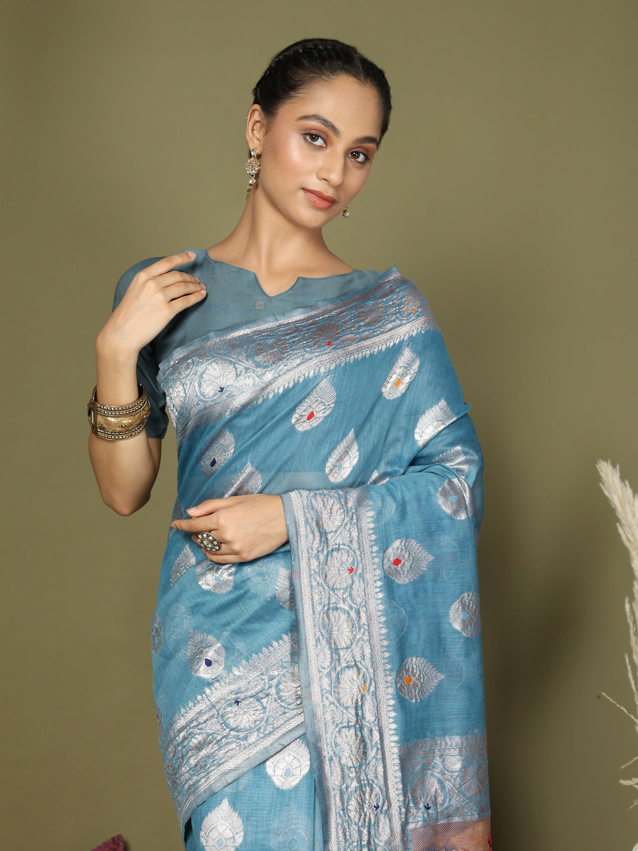 Shree Shyam Fashion Linen Cotton Sky Blue Saree - Distacart