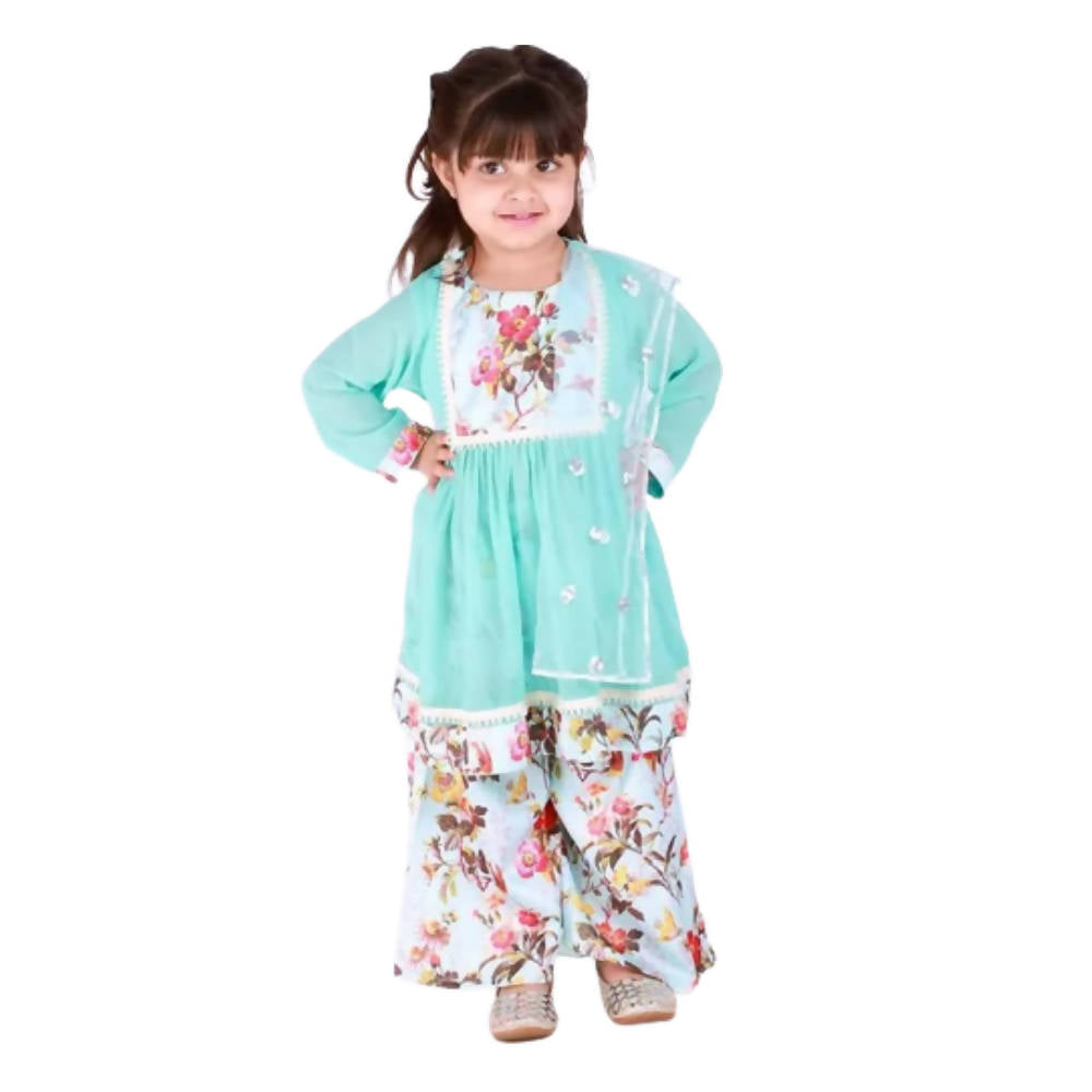Little Bansi Girls Blue Color Floral print Kurta Frock with Floral Palazzo and Dupatta