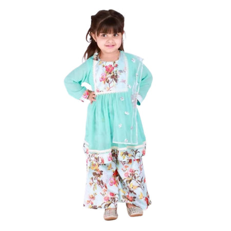 Little Bansi Girls Blue Color Floral print Kurta Frock with Floral Palazzo and Dupatta