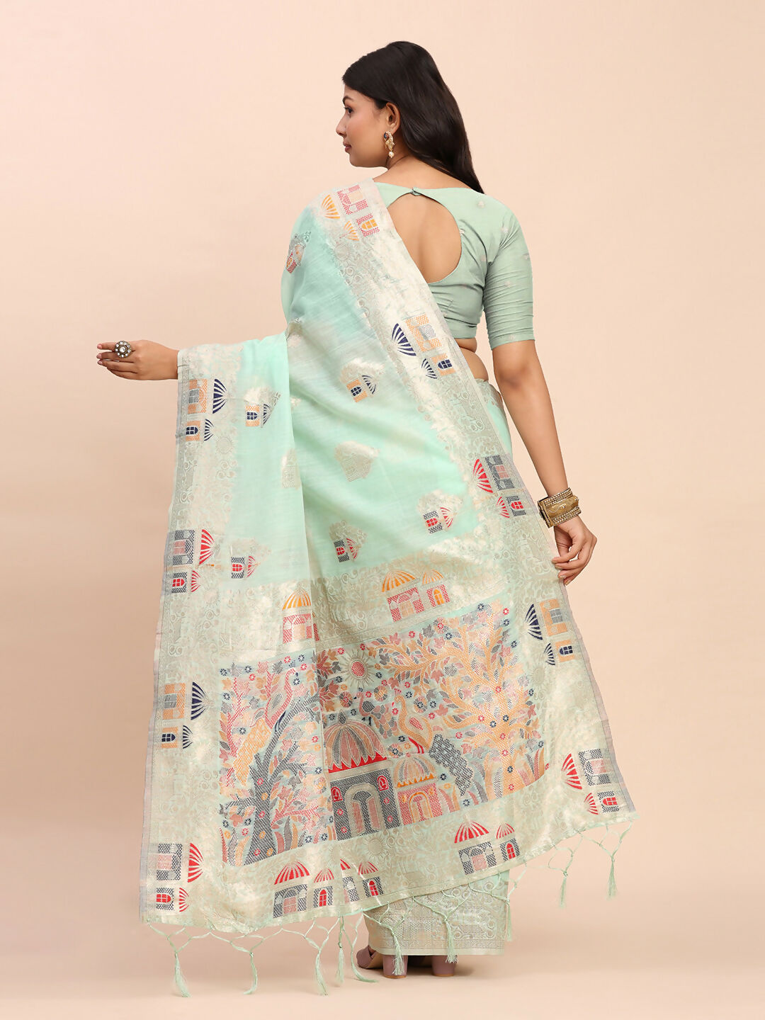 Shree Shyam Fashion Linen Cotton Sea Green Saree - Distacart