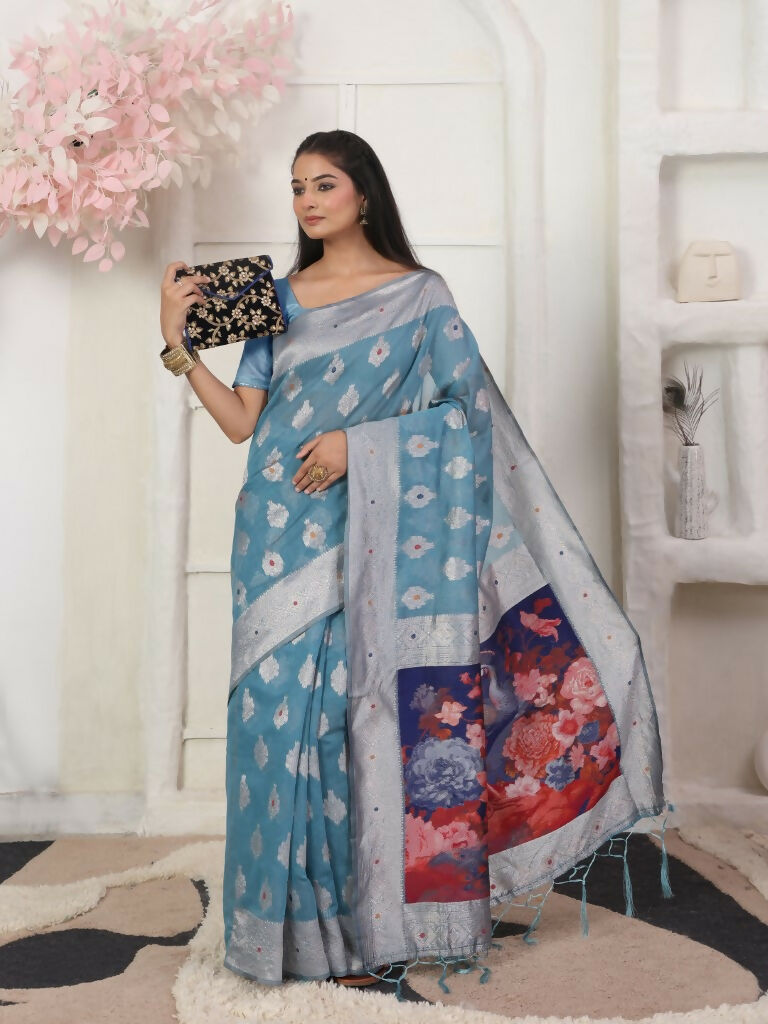 Shree Shyam Fashion Linen Cotton Sky Blue Saree - Distacart