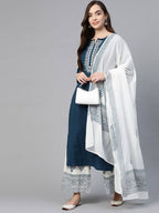 YuftaWomen Navy Blue & White Yoke Design Thread Work Cotton Kurta with Palazzo & Dupatta