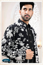 Joban Fashion Men's Black Straight Georgette Thread Embroidery All Over 3 Pc Kurta Set