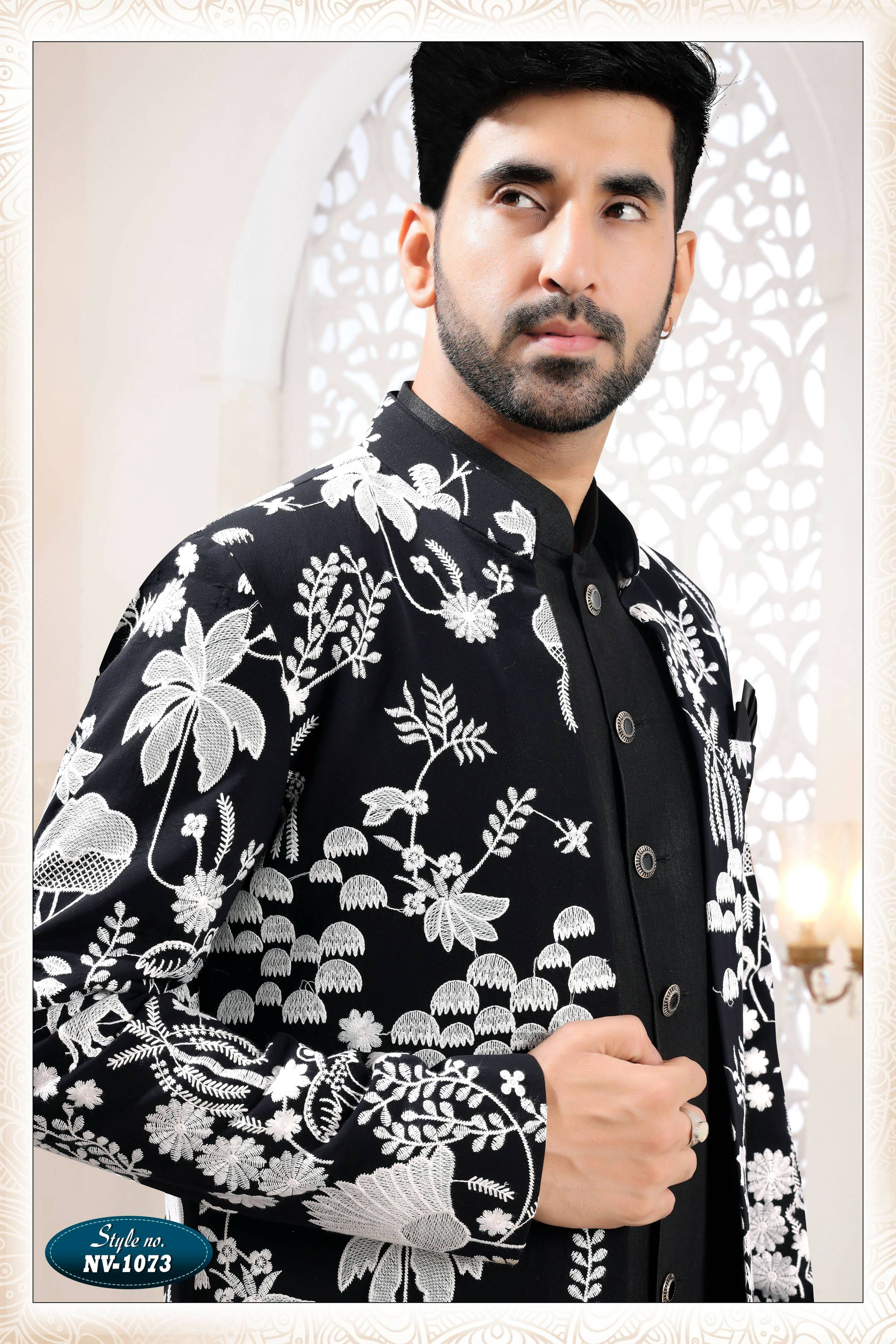 Joban Fashion Men's Black Straight Georgette Thread Embroidery All Over 3 Pc Kurta Set