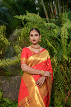 Jyoti Fashion Women's Red Paithani Silk Zari Woven Saree with Blouse