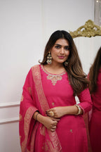 The52 Gajri Women's Gorgeous Embroidered Viscose Chanderi Fabric Straight Kurta Pant with Dupatta Set - Distacart