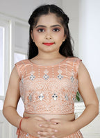 Wedding Designer Peach Net Kidswear Lehenga - Aaradhna