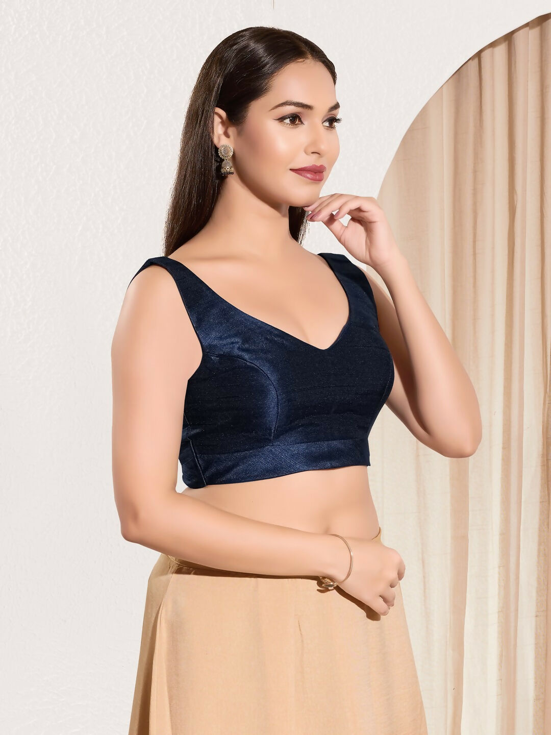 Joban Fashion Navy Blue Mulberry Silk Padded Blouse With Round Neck Sleeveless - Distacart