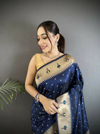 Joban Fashion Dark Blue Peacock & Floral Motifs Soft Lichi Silk Kanchipuram Saree - Distacart