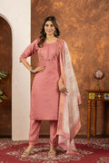 Women's Peach Embroidery Kurta Pant Set With Dupatta by Infinity Export