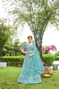 Blue Net Embroidered Semi Stitched Lehenga Choli with Dupatta - Bhagya