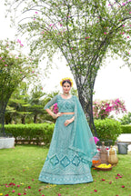 Blue Net Embroidered Semi Stitched Lehenga Choli with Dupatta - Bhagya