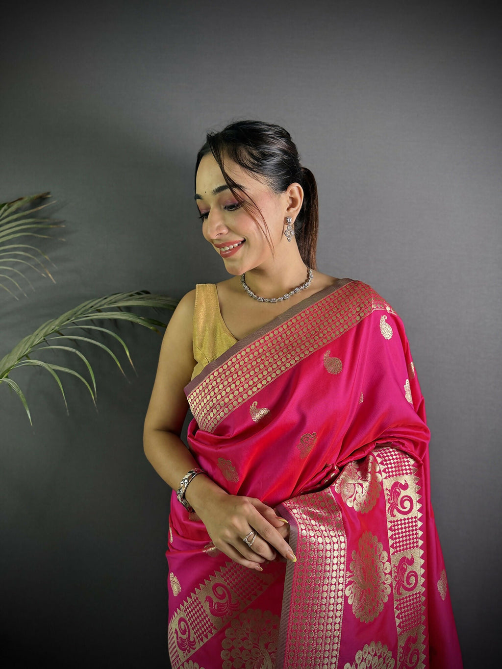 Joban Fashion Hot Pink Banarasi Soft Lichi Silk Paisley Saree - Distacart