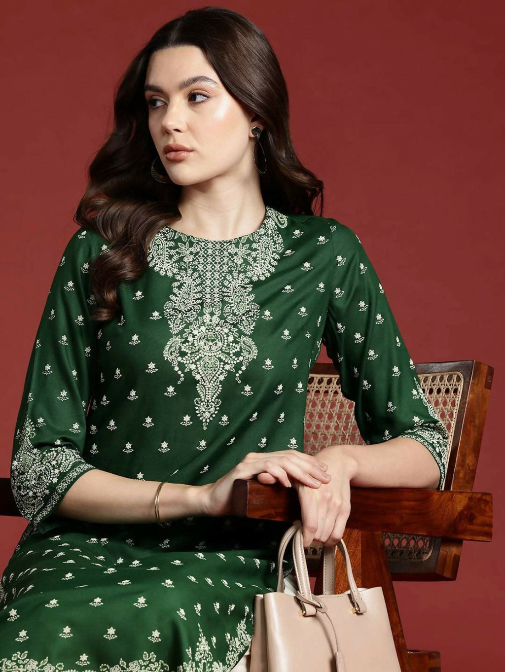 Cheera Women Stylish Hand Block Printed Cotton Blend Flared Kurta - Green