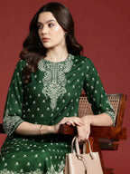 Cheera Women Stylish Hand Block Printed Cotton Blend Flared Kurta - Green
