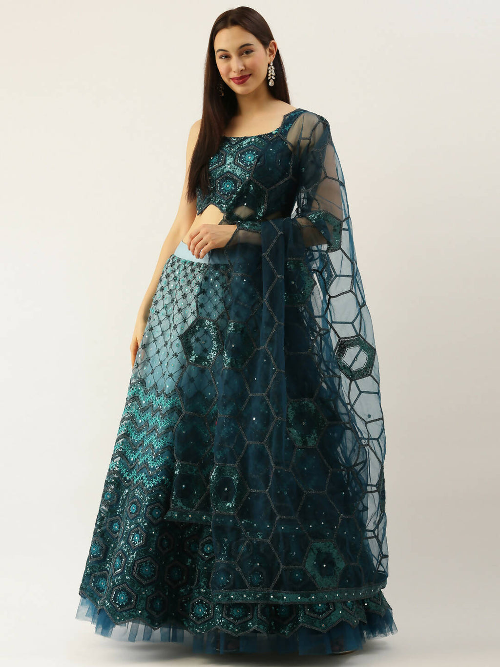 House of Panchhi Women Teal Net Embroidered Sequins Lehenga & Blouse with Dupatta