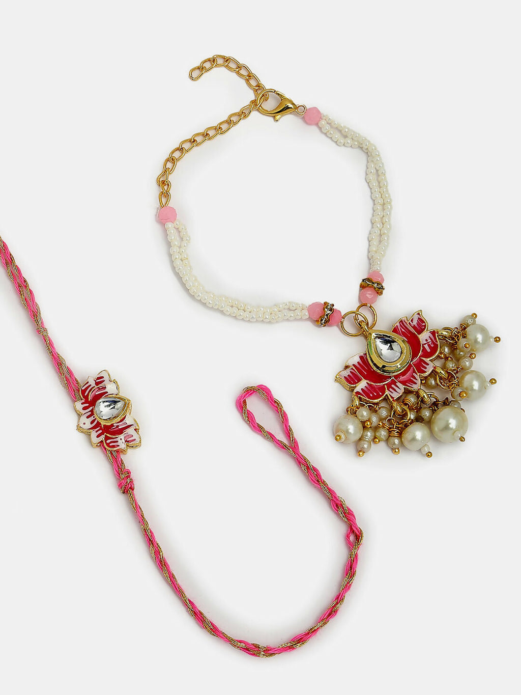 NVR Women & Men Set of 2 Pink Lotus Shape Kundan-Studded & Beaded Wraparound Rakhi Set With Roli Chawal & Chocolate - Distacart