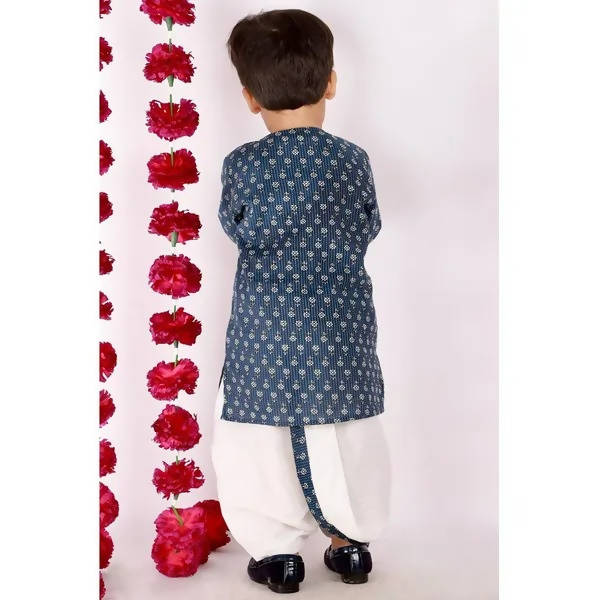 Little Bansi Girls Indigo and White Cplor Bengali Kantha work floral kurta with Dhoti