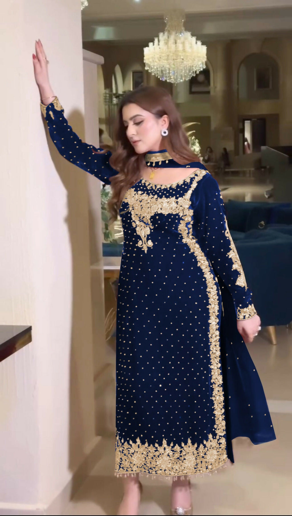 Joban Fashion Blue Velvet Sequence Embroidery Work Kurta Set - Distacart