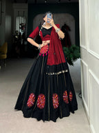 Vastranavya Navaratri Special Pure Cotton Gamthi Patch Work With Gota Patti Touch Up Lehenga Stitched Choli - Black
